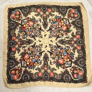 Floral Paisley Silk Square Scarf - Cream Background